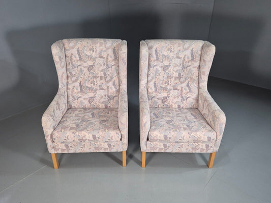 2 Vintage Danish Wing Back Lounge Chairs Cotton 1980s Fabric Retro EB8289 MNOR - UKDK FURNITURE