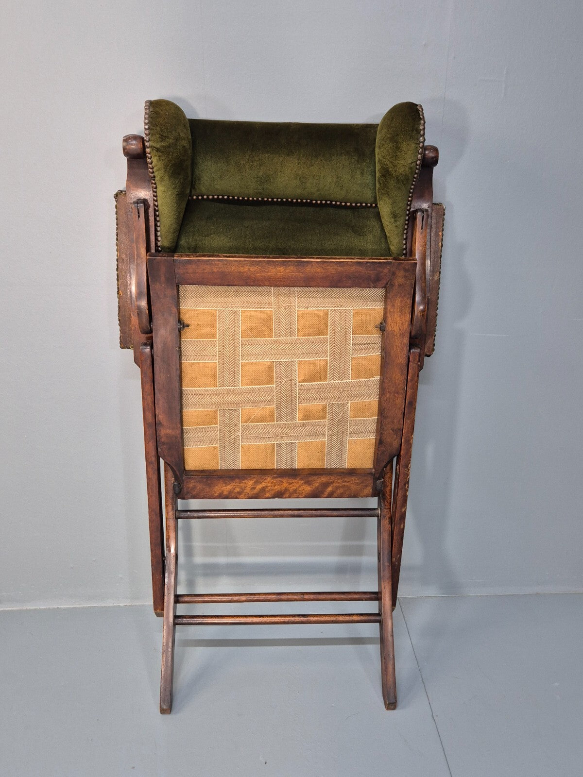 Antique Campaign Chair in Green Velour and Mahogany Victorian EB9696 VCLO - UKDK FURNITURE