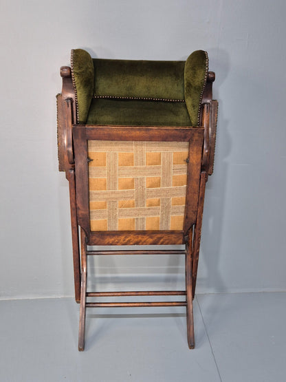 Antique Campaign Chair in Green Velour and Mahogany Victorian EB9696 VCLO - UKDK FURNITURE