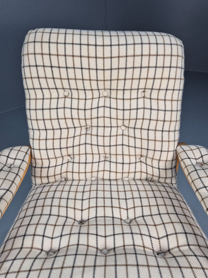 Vintage Bentwood Lounge Chair Danish Cream Wool Check 1980s Retro EB10334 MBEN7
