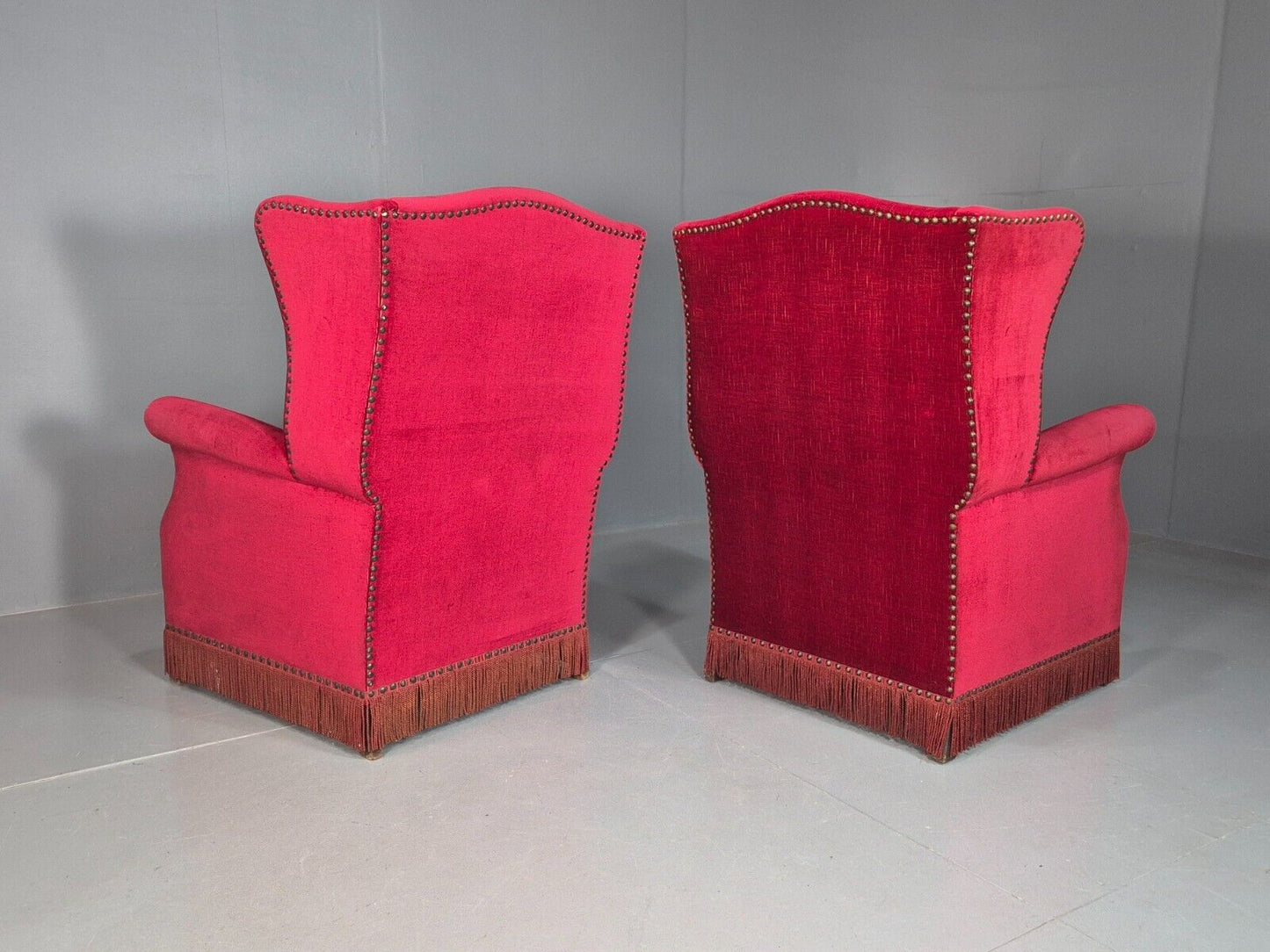 Pair Vintage Danish Wing Back Red Velour Studded Armchairs EB8059 VCLO - UKDK FURNITURE