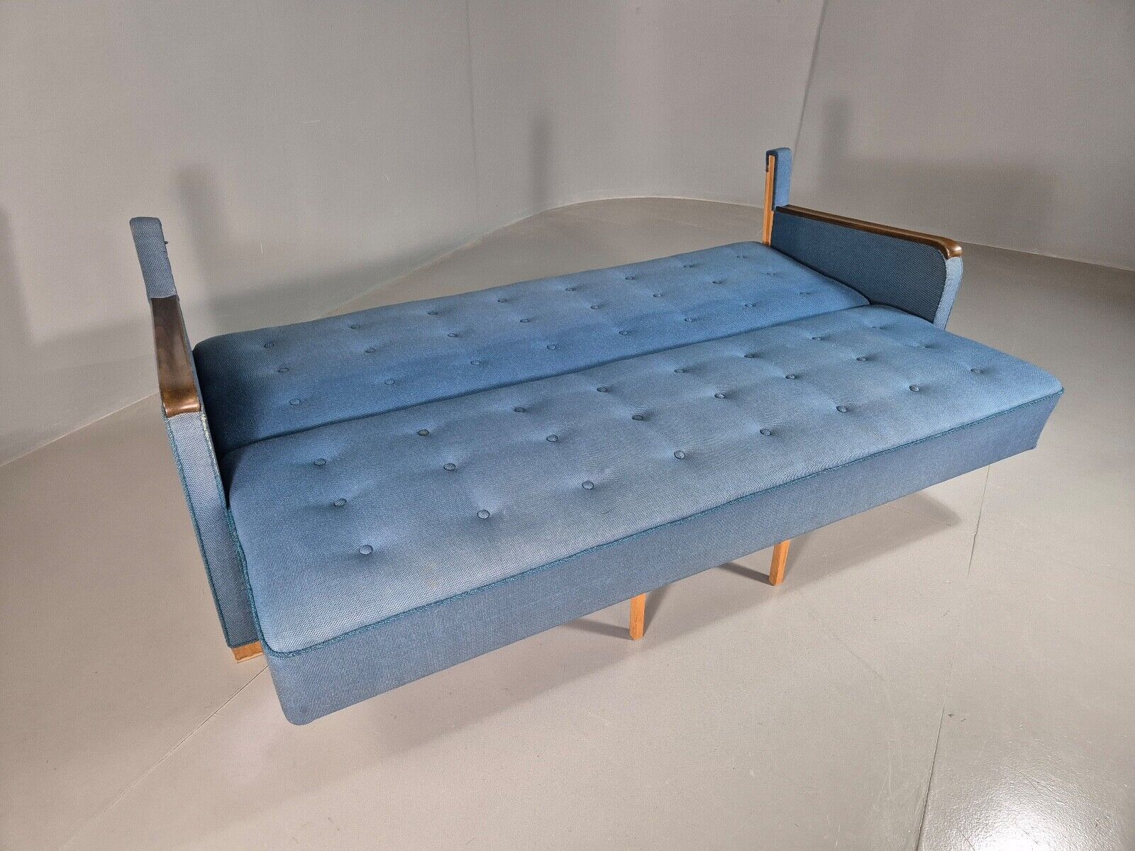 Vintage Danish Sofa Bed Blue Wool Teak Arms 1960s Retro MCM EB7259 M3SS - UKDK FURNITURE