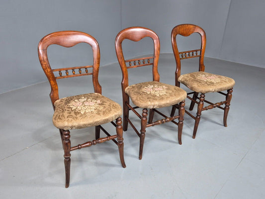 3 Vintage Dining Chairs Floral Seats Walnut Frame Balloon Victorian EB8182 VDIN - UKDK FURNITURE
