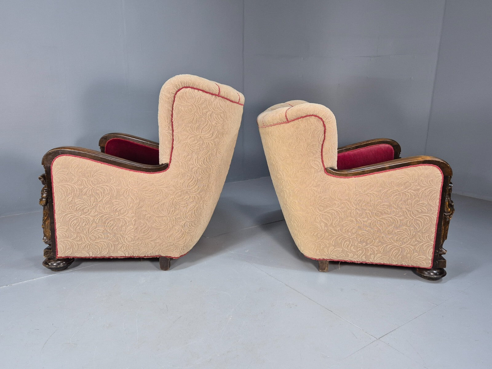 Art Deco Style Armchairs Pair Carved Oak Figures Creme Red Velour EB9586 VCAR - UKDK FURNITURE