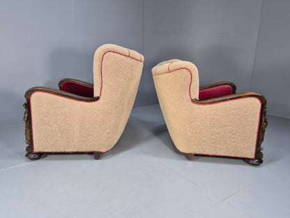 Art Deco Style Armchairs Pair Carved Oak Figures Creme Red Velour EB9586 VCAR - UKDK FURNITURE