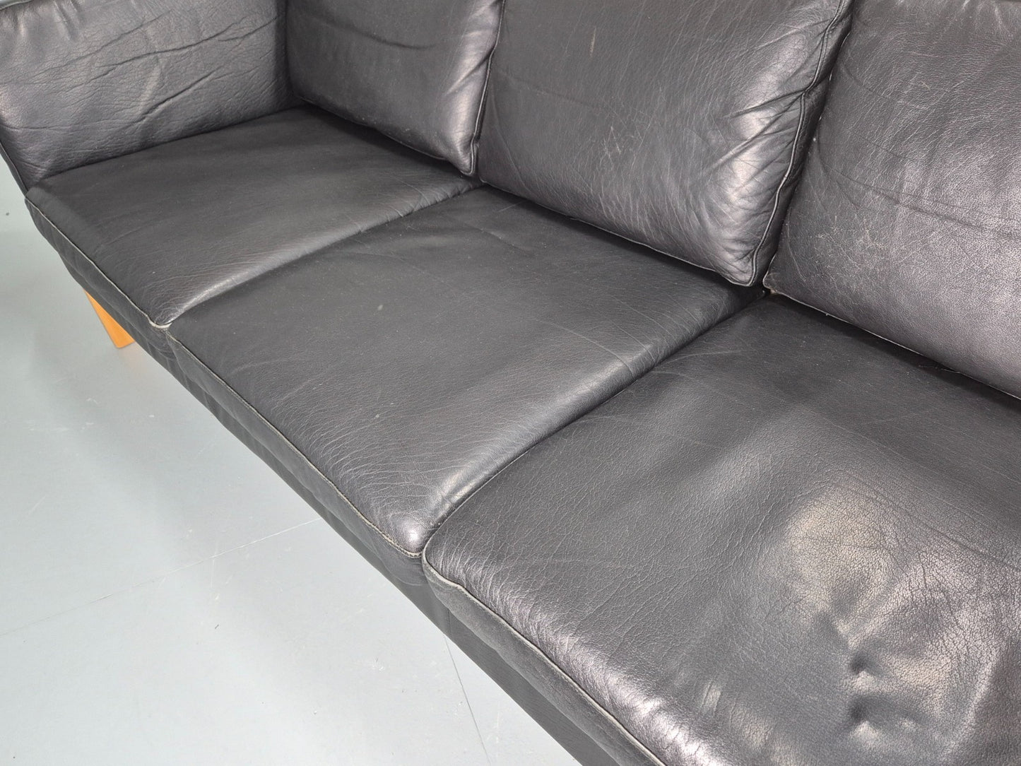 Vintage Stouby 3 Seat Sofa Danish Black Leather Beech End 1980s EB10556 M3SS20