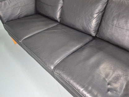 Vintage Stouby 3 Seat Sofa Danish Black Leather Beech End 1980s EB10556 M3SS20