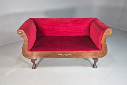 Vintage Antique Scroll End Settee Ball Claw Feet Red Velour 1900s EB7920 V2SS2