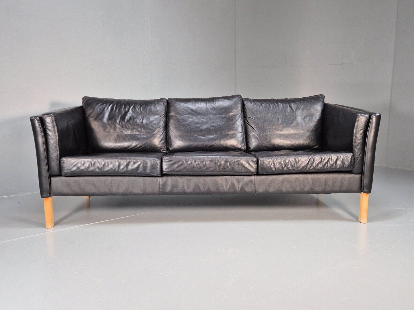Vintage Danish 3 Seat Sofa Black Leather and Vinyl Straight Back EB8616 M3SS - UKDK FURNITURE