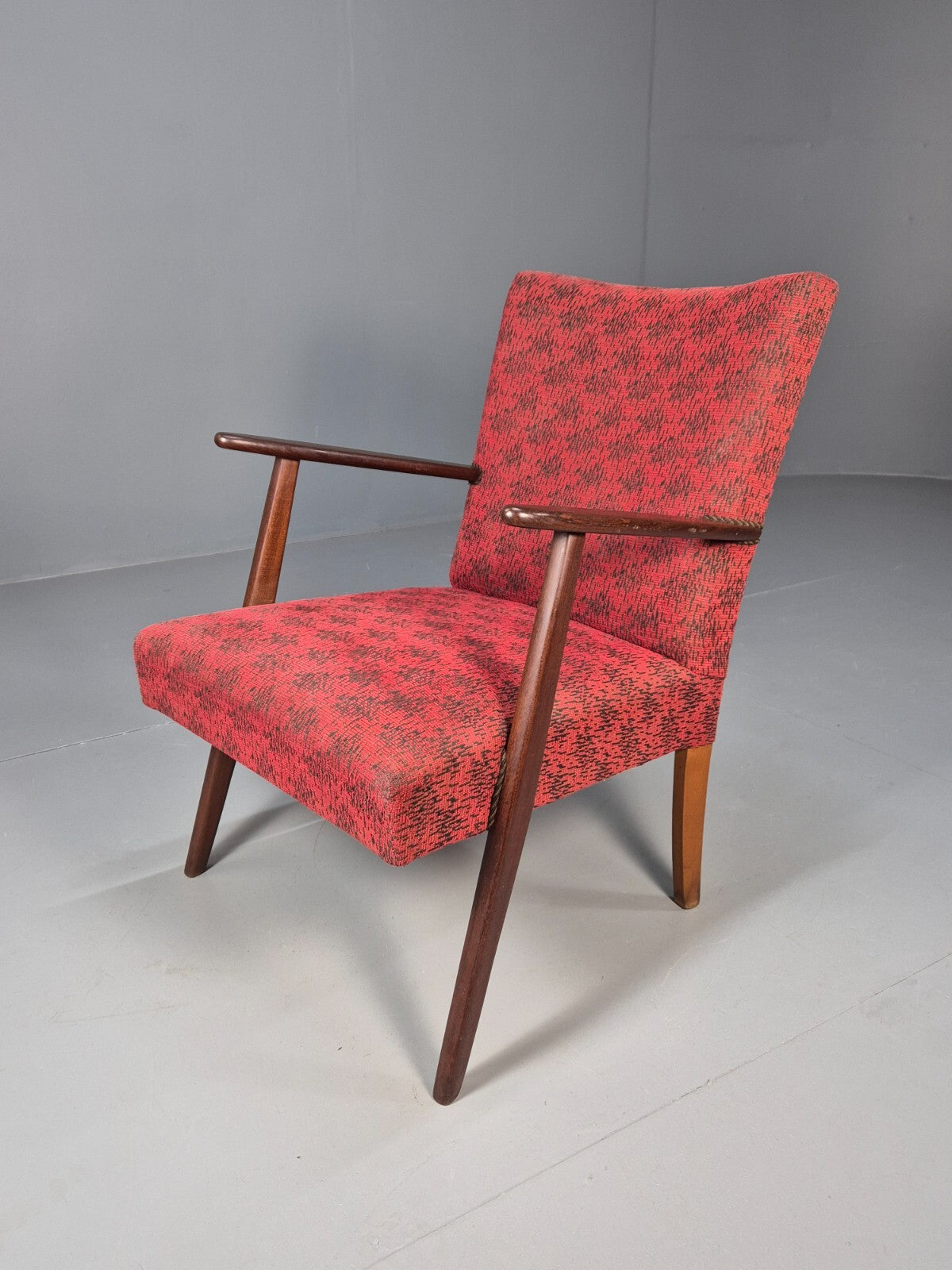 Mid Century Danish Armchair Teak Wood Red Pattern Fabric Vintage 60s EB9598 MNOR0