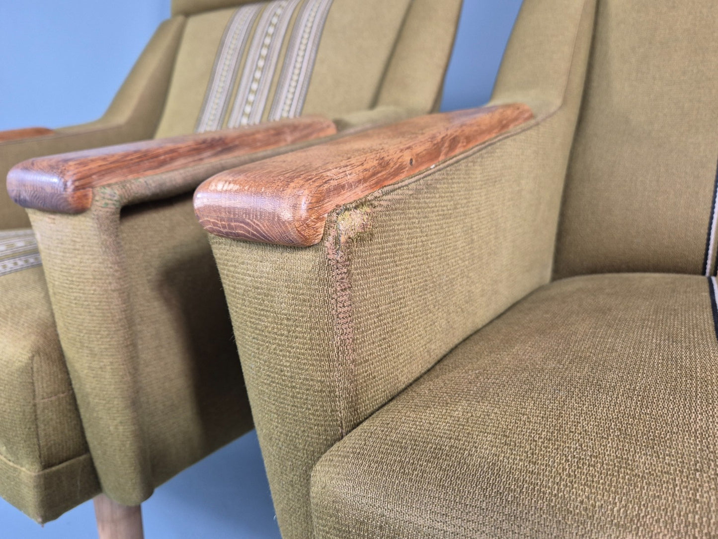 2 1970s Danish Lounge Chairs Green Wool Oak Details Retro Quality EB11408 MNOR6