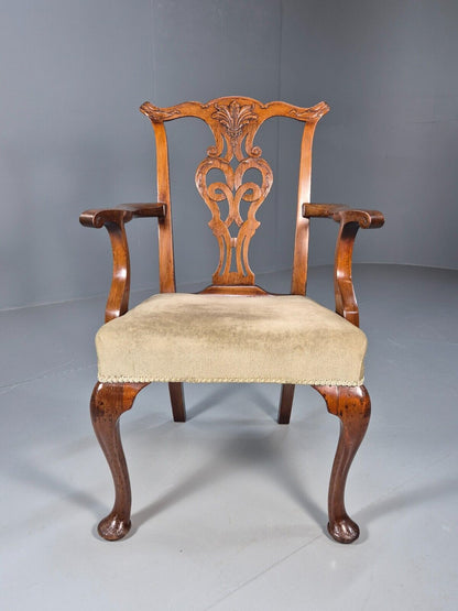 Antique Georgian Style Elbow Chair Mahogany Pad Feet Green Seat EB9387 VDIN - UKDK FURNITURE