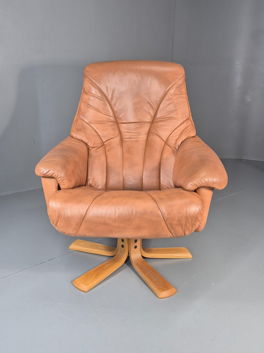 Vintage Danish Swivel Recline Chair Tan Leather 1980s Retro EB11319 MSWI1
