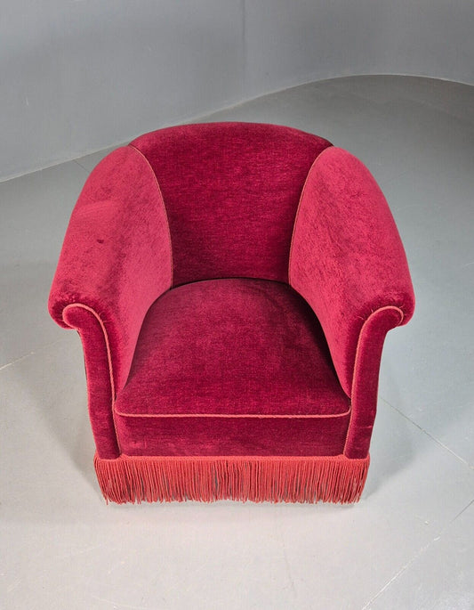 Vintage Danish Red Velour Tub Chair With Tassels Cabriole Legs EB8013 VCLO - UKDK FURNITURE