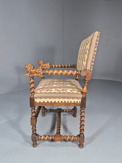 17th Century Style Carved Chair Lions Arms Barley Twist Frame 1960 EB10774 VCAR9