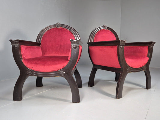 2 Vintage Danish Lounge Chairs Red Velour Mahogany Gondola Style EB8997 VCLO - UKDK FURNITURE