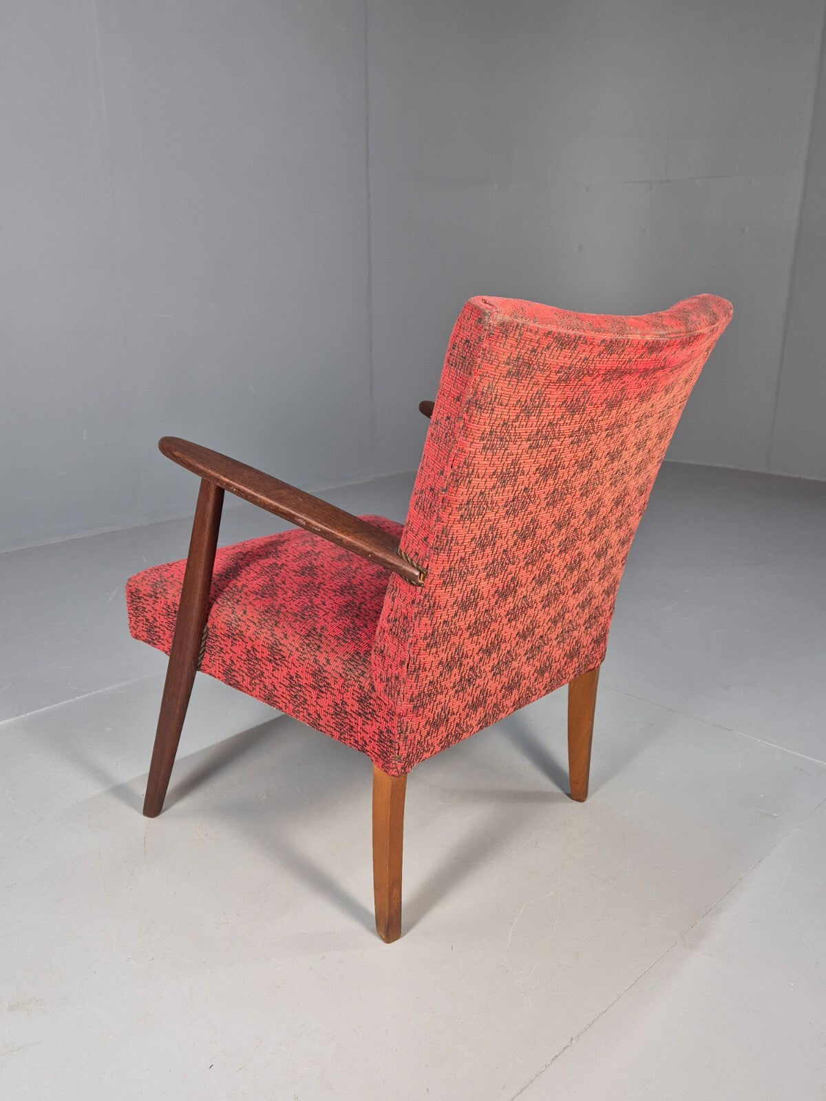 Mid Century Danish Armchair Teak Wood Red Pattern Fabric Vintage 60s EB9598 MNOR9