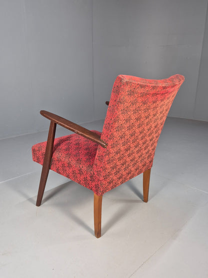 Mid Century Danish Armchair Teak Wood Red Pattern Fabric Vintage 60s EB9598 MNOR9