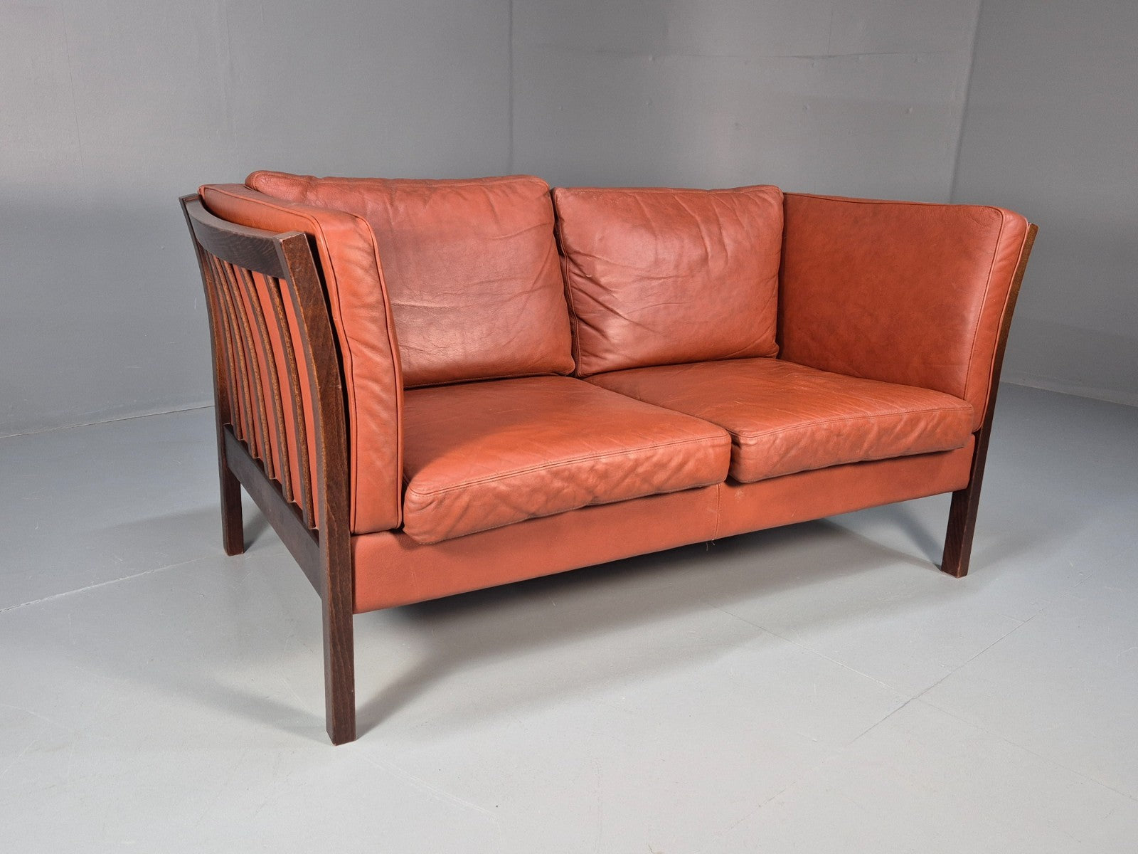 Mid Century 2 Seater Sofa Stouby Red Brown Leather Beech End Retro  EB10060 M2SS0