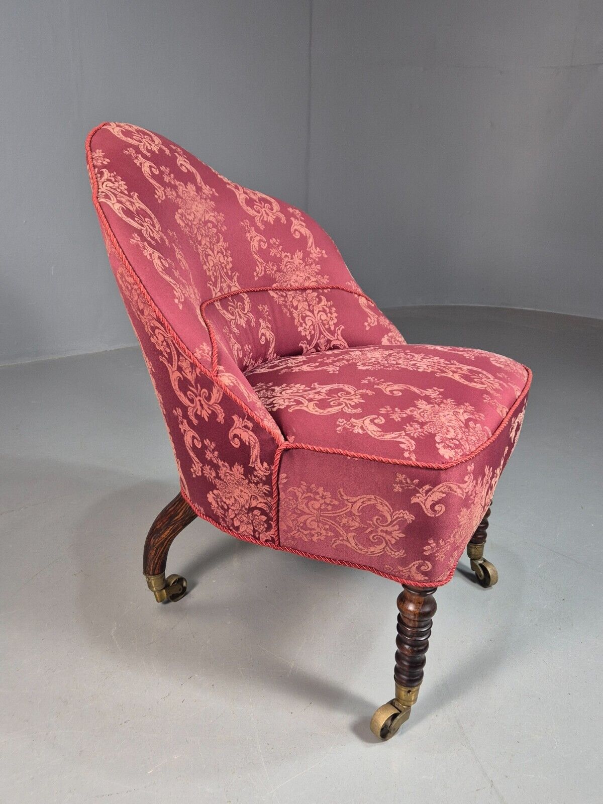 Antique Danish Occasional Chair Pink Satin Floral Motif Oak Brass EB8051 VCLO - UKDK FURNITURE