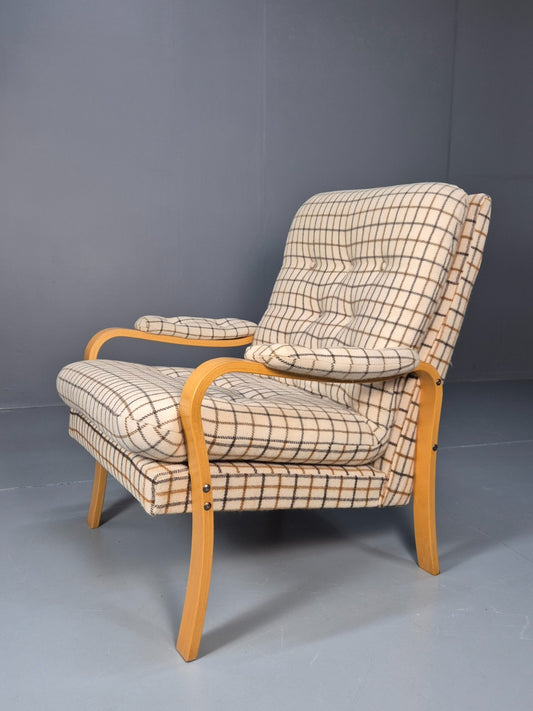 Vintage Bentwood Lounge Chair Danish Cream Wool Check 1980s Retro EB10334 MBEN1