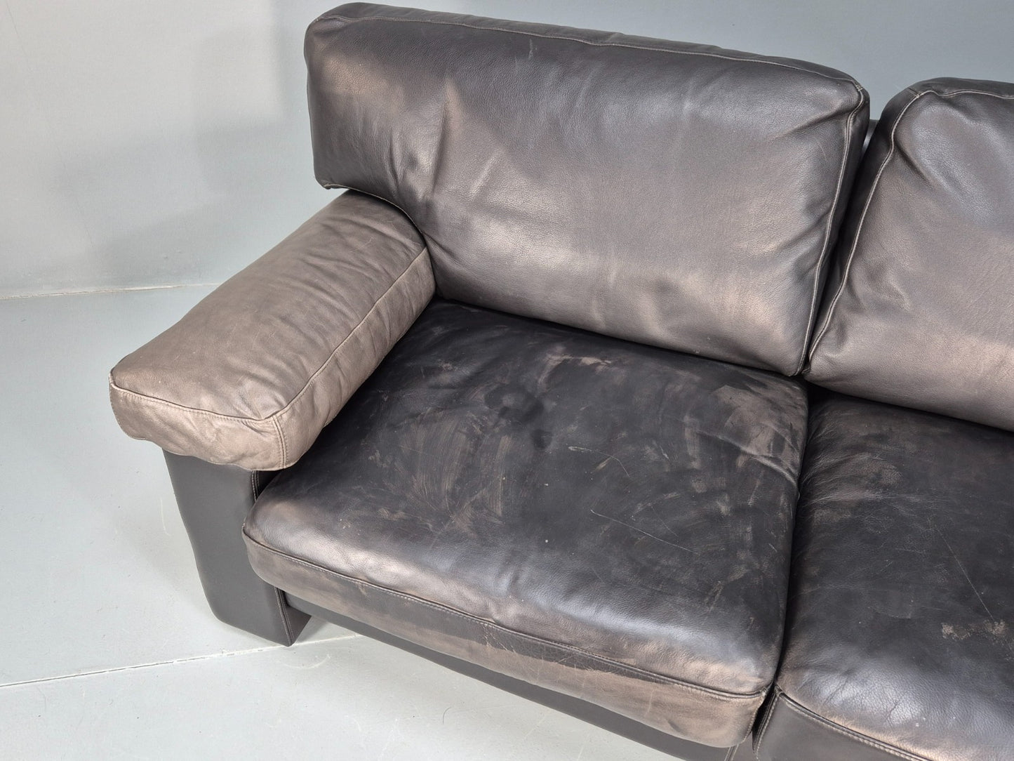 1980s Two Seater Sofa Faded Black Leather Boxy Style Retro Danish EB10714 M2SS6