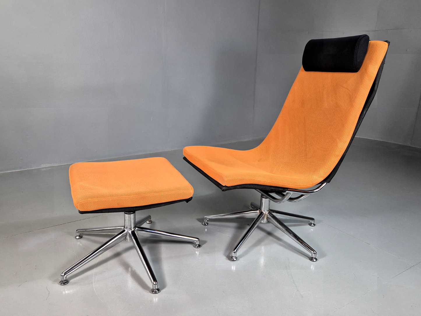 Vintage Danish Swivel Chair and Footstool Orange Chrome Retro 1980s EB7357 MSWI - UKDK FURNITURE