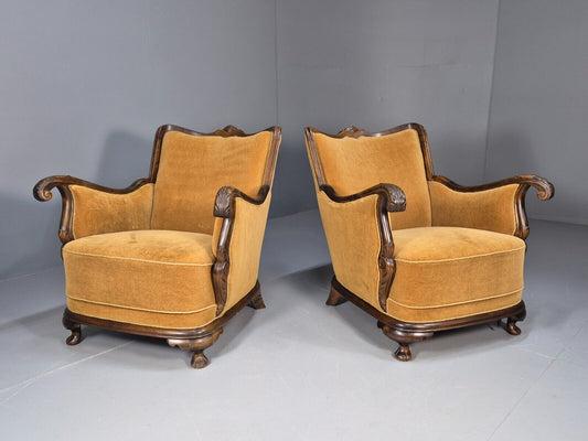 2 Vintage Danish Antique Chairs Gold Velour 1930s Carved Wood EB8969 VCLO - UKDK FURNITURE