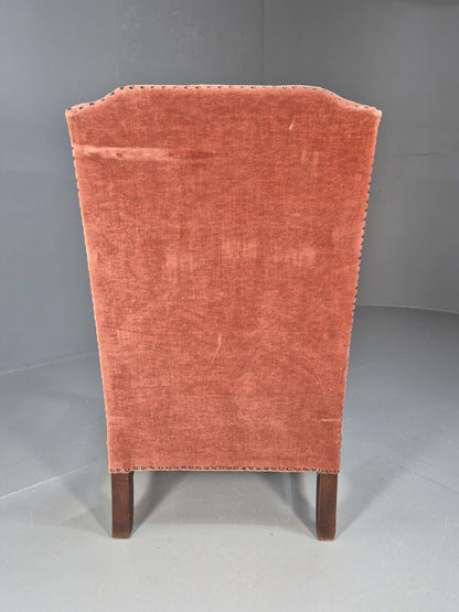 Vintage Danish Lounge Chair Pink Peach Velour Oak 17th Century Style EB8970 VCLO - UKDK FURNITURE