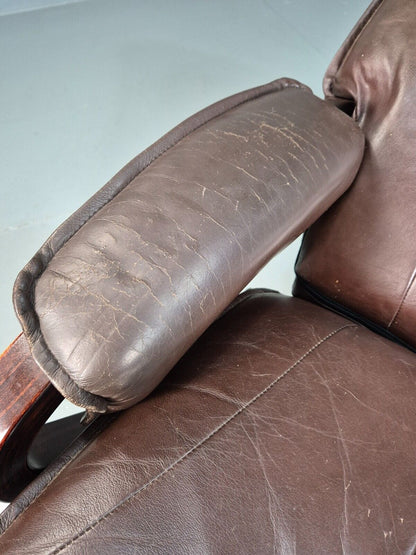 Vintage Danish Swivel Lounge Chair Brown Leather Bentwood 1980 Retro EB8269 MSWI - UKDK FURNITURE
