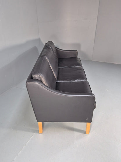 Vintage Hurup Danish 3 Seat Black Leather Sofa Mogensen 1980s Retro EB9966 M3SS12