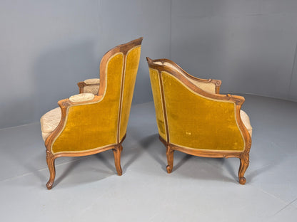 High and Low Back Danish Antique Rococo Style Lounge Chairs Damask EB9036 VCLO - UKDK FURNITURE
