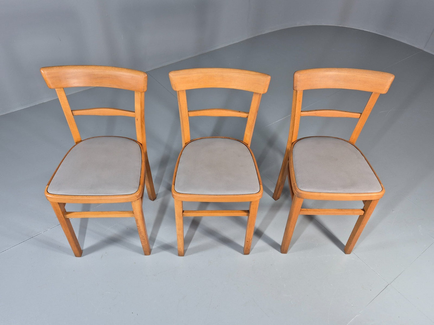 3 1960s Kitchen Chairs Beech Frame Grey Vinyl Seats Retro EB11475 MDIN3