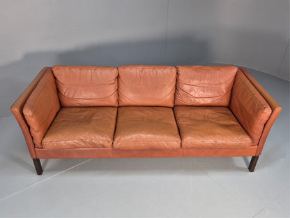 MidCentury Three Seater Sofa Tan Leather Vintage Danish Retro 1970s EB10721 M3SS3