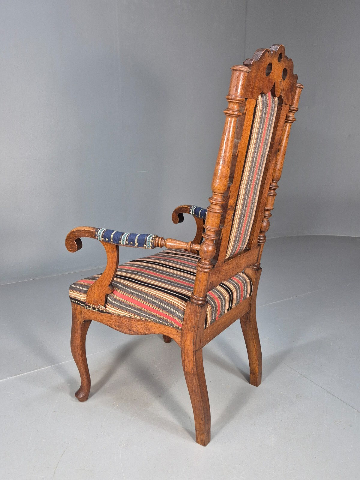 Vintage Danish Antique Armchair Early C20th Oak Frame Striped Wool EB8915 VCAR - UKDK FURNITURE