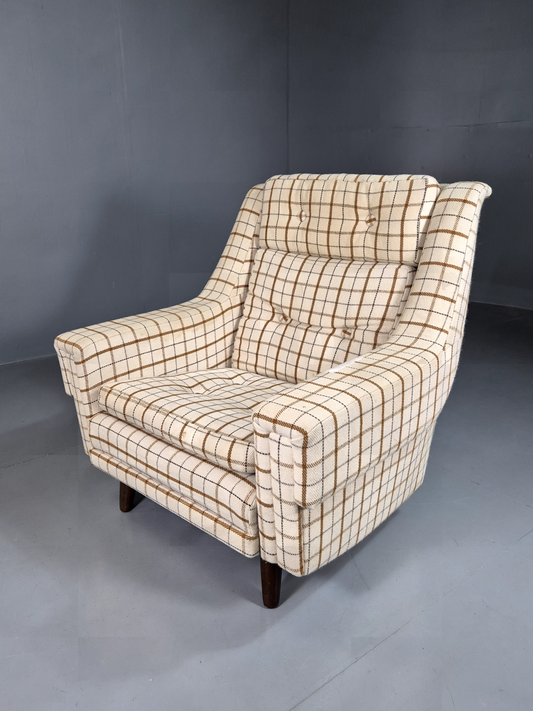 Vintage Danish Lounge Chair Cream Wool Checkered 1970s Retro MCM EB7381 MNOR - UKDK FURNITURE