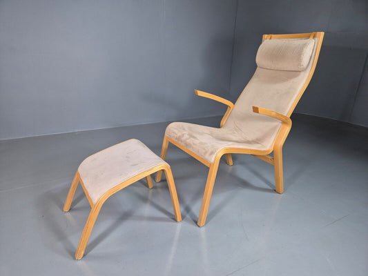 Vintage Danish Lounge Chair Footstool Faux Suede Bentwood MCM Retro EB7396 MNOR - UKDK FURNITURE