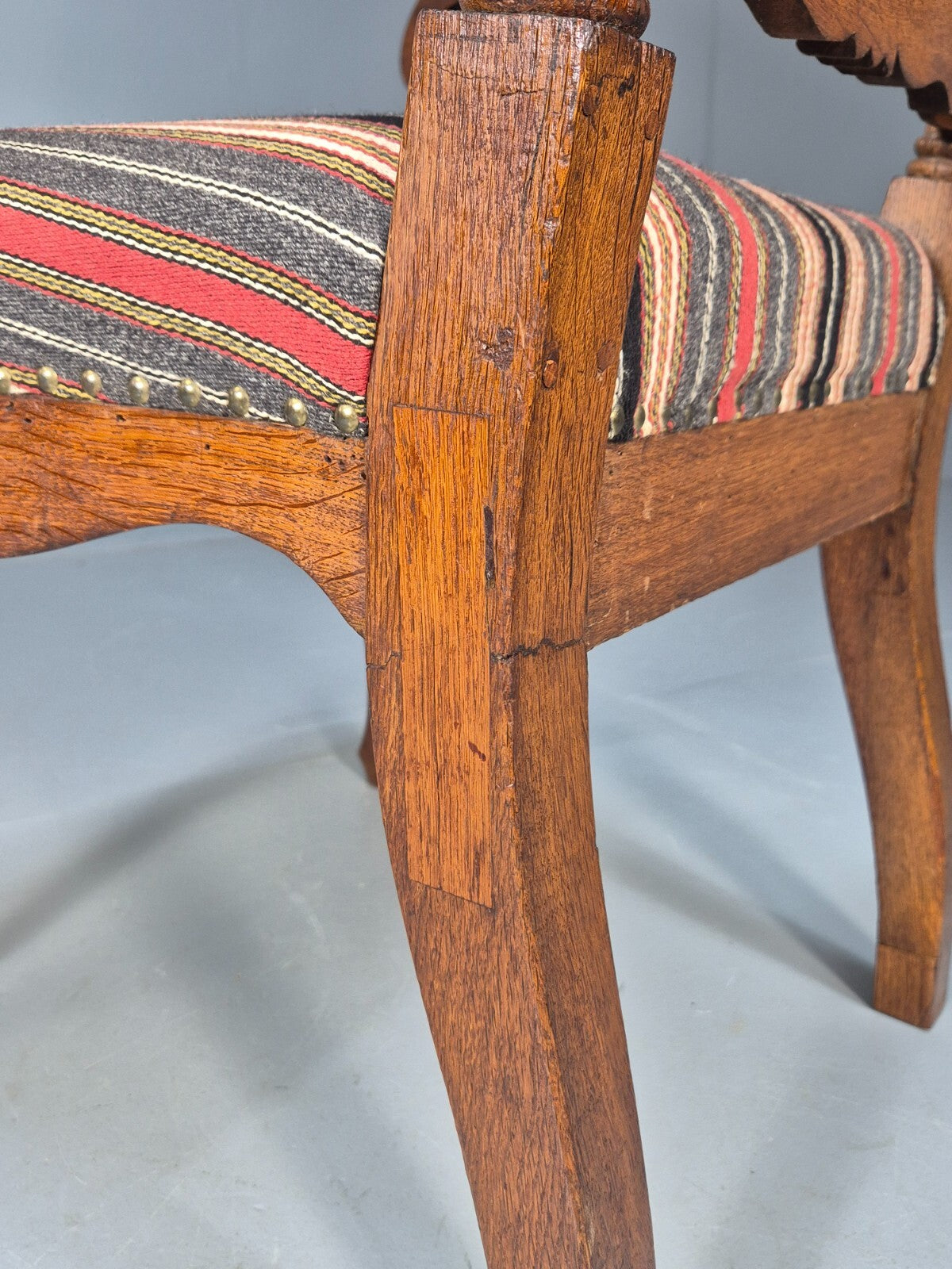 Vintage Danish Antique Armchair Early C20th Oak Frame Striped Wool EB8915 VCAR - UKDK FURNITURE