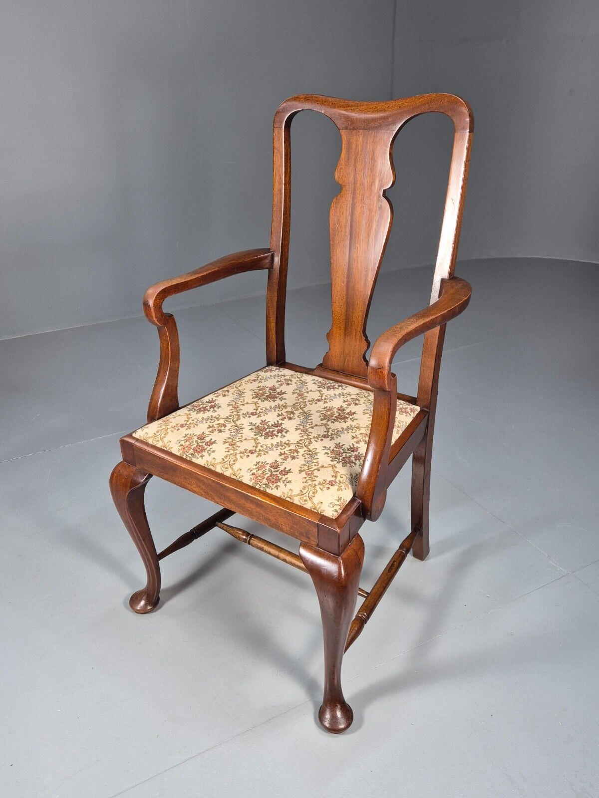 Vintage Elbow Carver Chair Floral Tapestry Seat Mahogany Antique EB9145 VDIN - UKDK FURNITURE