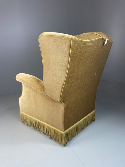 Vintage Danish Wingback Armchair Olive Green Tassel Trim 1950s 1960s VCLO EB48946
