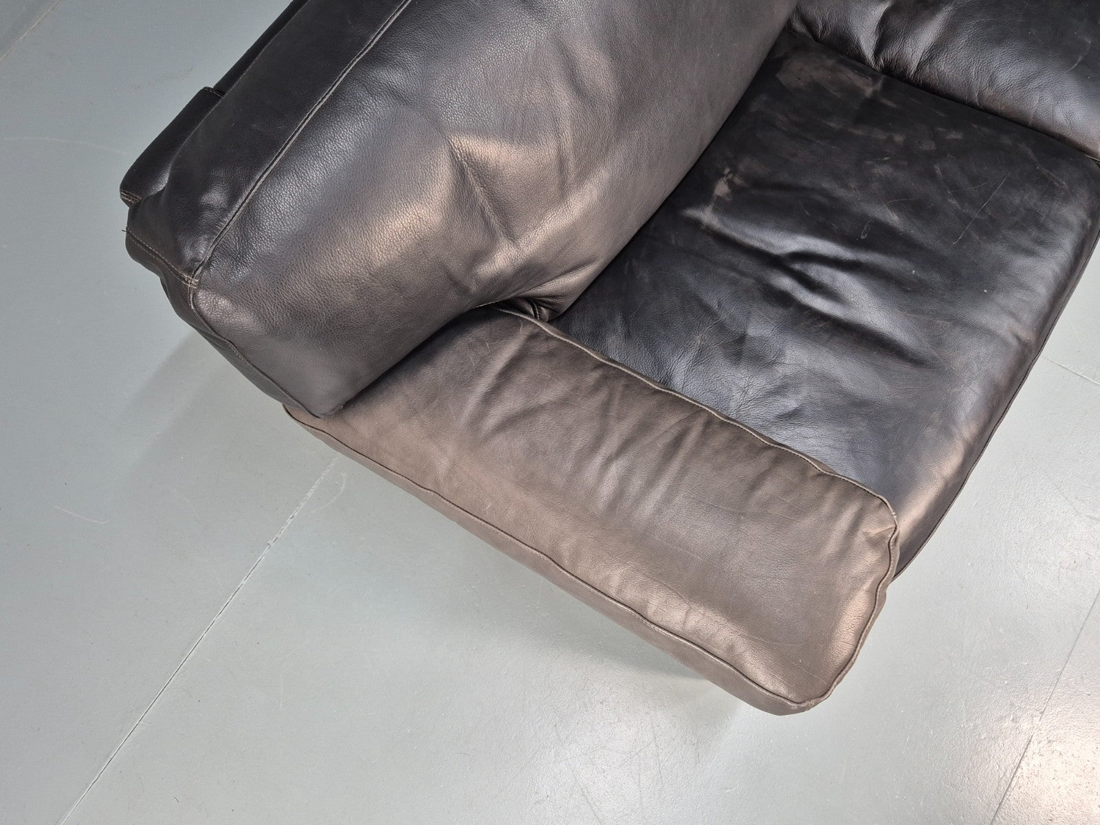 1980s Two Seater Sofa Faded Black Leather Boxy Style Retro Danish EB10714 M2SS10