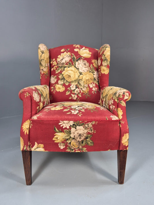 Vintage Danish Lounge Chair Wingback Floral Cotton Print 1950s Retro EB9540 MNOR - UKDK FURNITURE