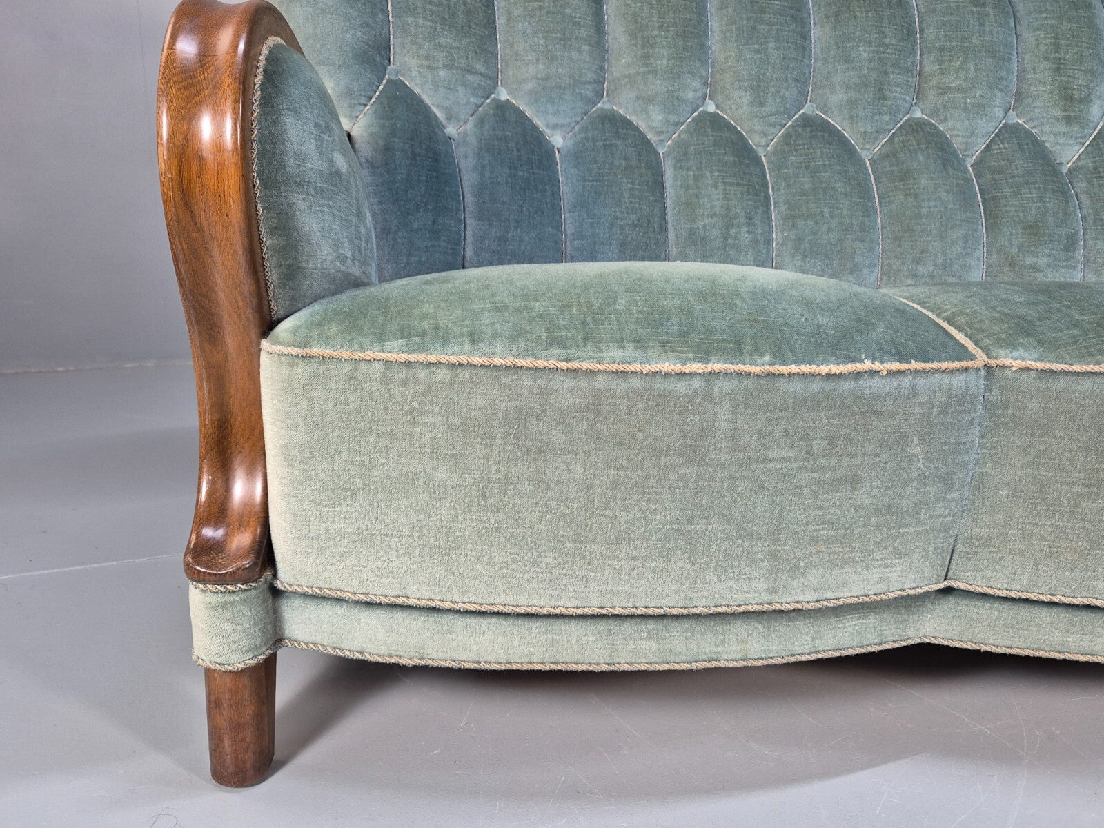 Vintage Danish Art Deco Sofa Blue Velvet Velour Oak Frame Shell Back EB9591 V3SS - UKDK FURNITURE