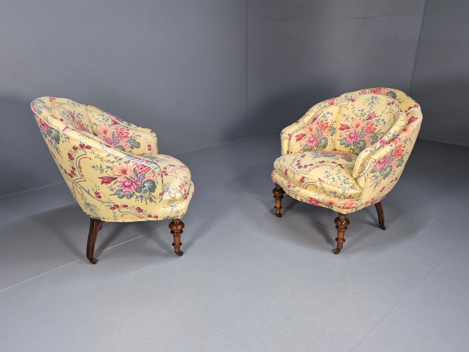 Pair Vintage Danish Floral Print Antique Tub Chairs Walnut Legs EB9012 VCLO - UKDK FURNITURE