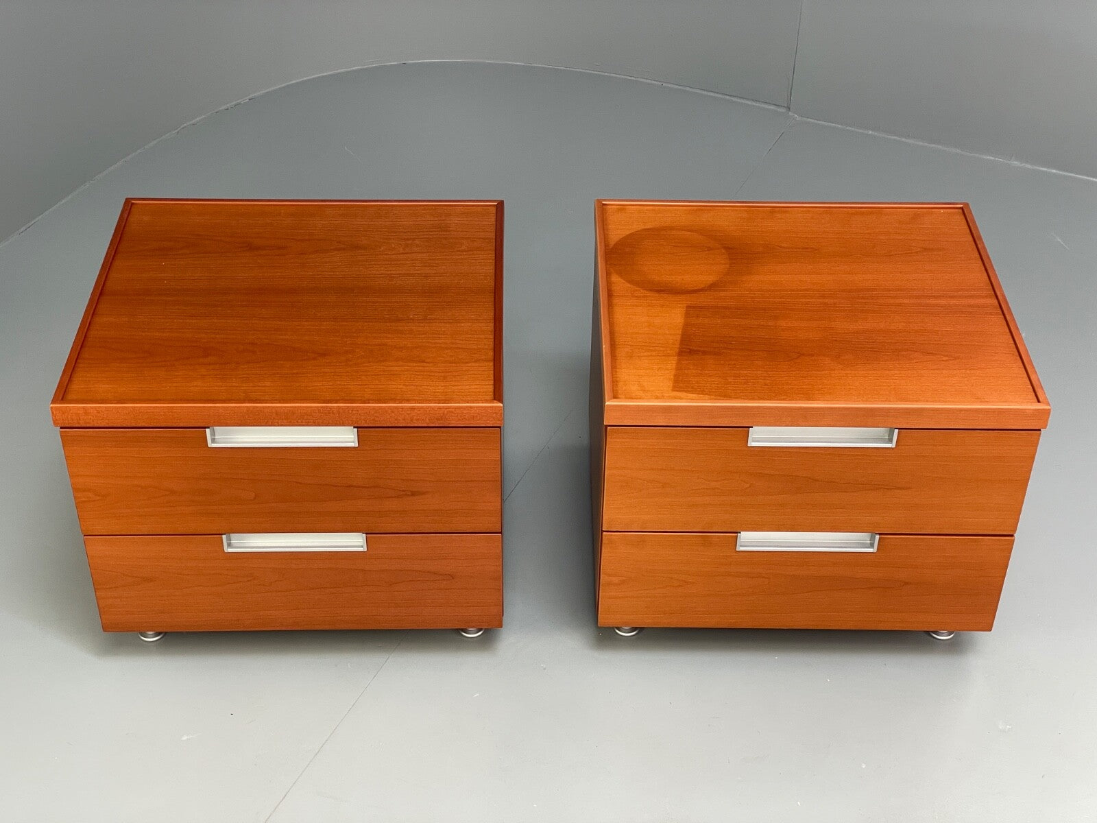 Vintage Pair Bedside Tables Cherry Wood Aluminium 1980s Drawers EB9819 MWOO - UKDK FURNITURE