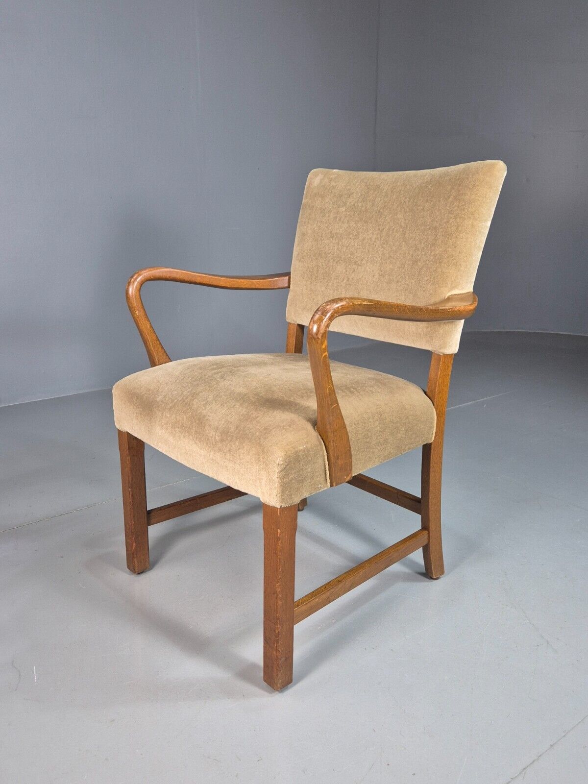 Vintage Danish Oak And Light Green Velour Elbow Chair EB8010 VDIN - UKDK FURNITURE