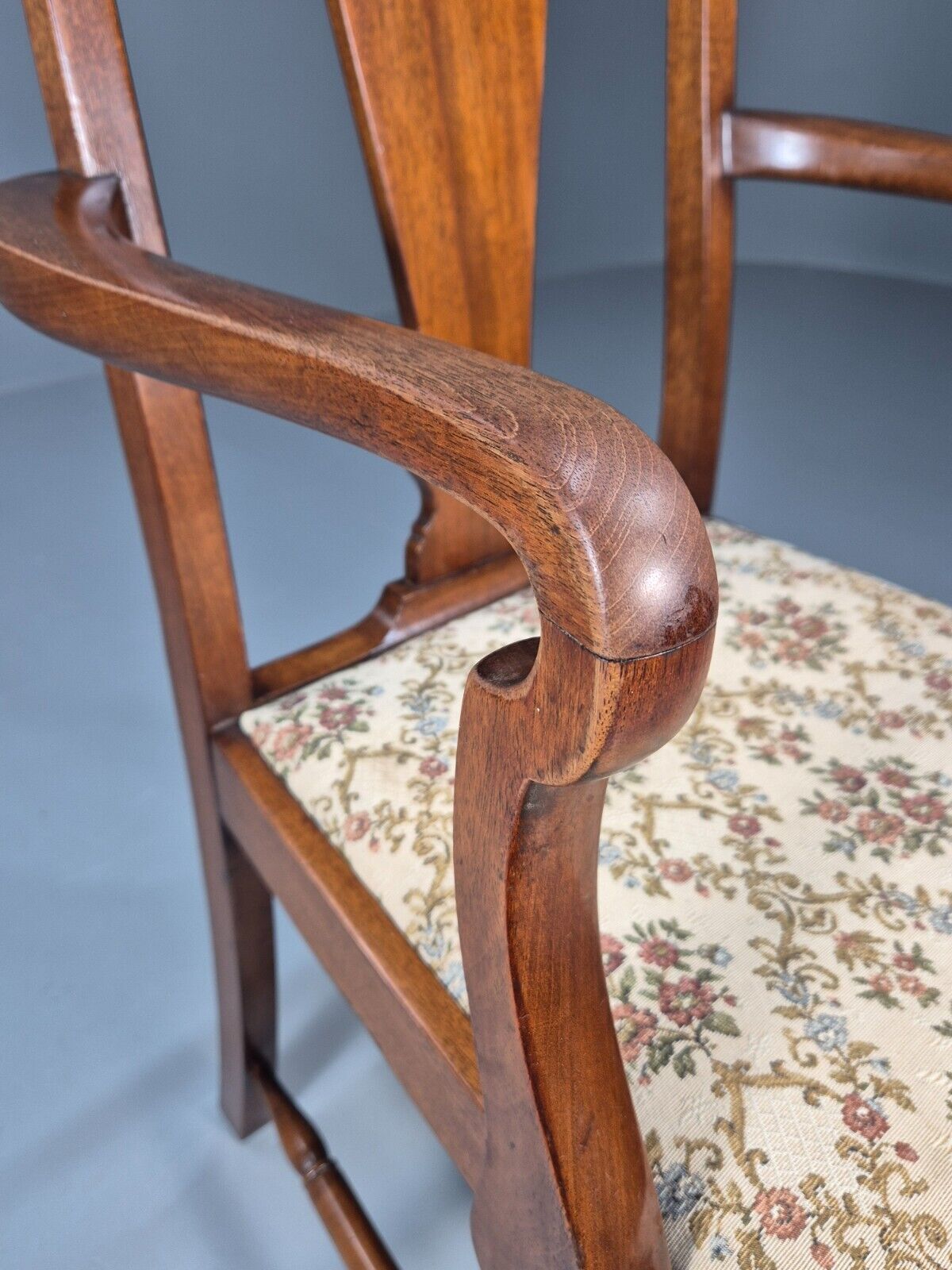 Vintage Elbow Carver Chair Floral Tapestry Seat Mahogany Antique EB9145 VDIN - UKDK FURNITURE
