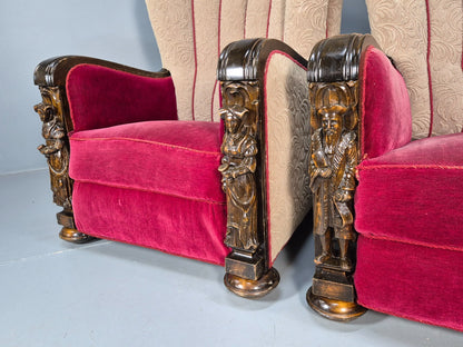 Art Deco Style Armchairs Pair Carved Oak Figures Creme Red Velour EB9586 VCAR - UKDK FURNITURE