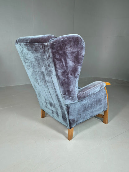 Vintage Lounge Wingback Chair Blue Velour Beech Frame 1950 Retro MCM EB7108 VCLO11