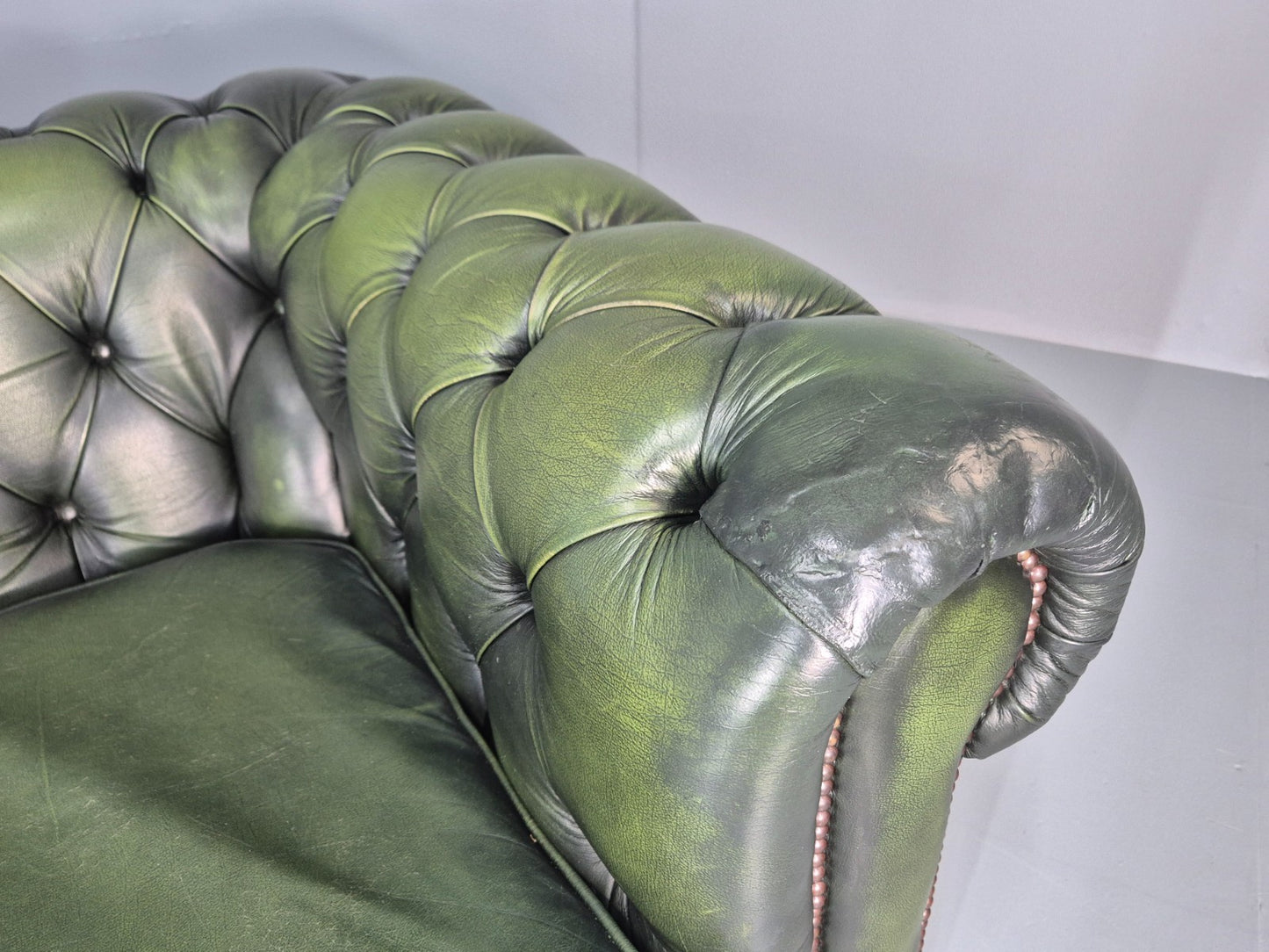 3 Seater Chesterfield Sofa Green Leather Studded Vintage EB11024 VCHE9